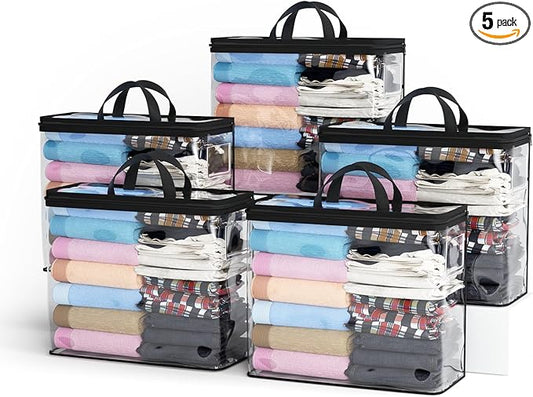 5PACK Clear Zippered Storage Bags for Clothes, 22L Closet Organizers Bag, Black