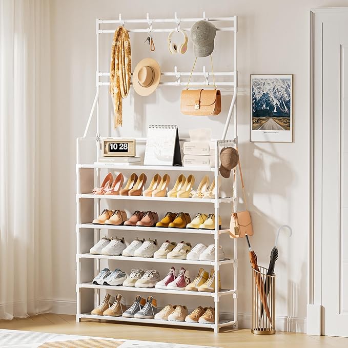 OYREL Shoe Rack 6 Tier Shoes Organizer 24-30 Pairs Shoe Racks for Closet Front Door Entrance Large Capacity Space Saving Shoe Storage Organizer with Multifunctional 5 Hooks and Side Pocket