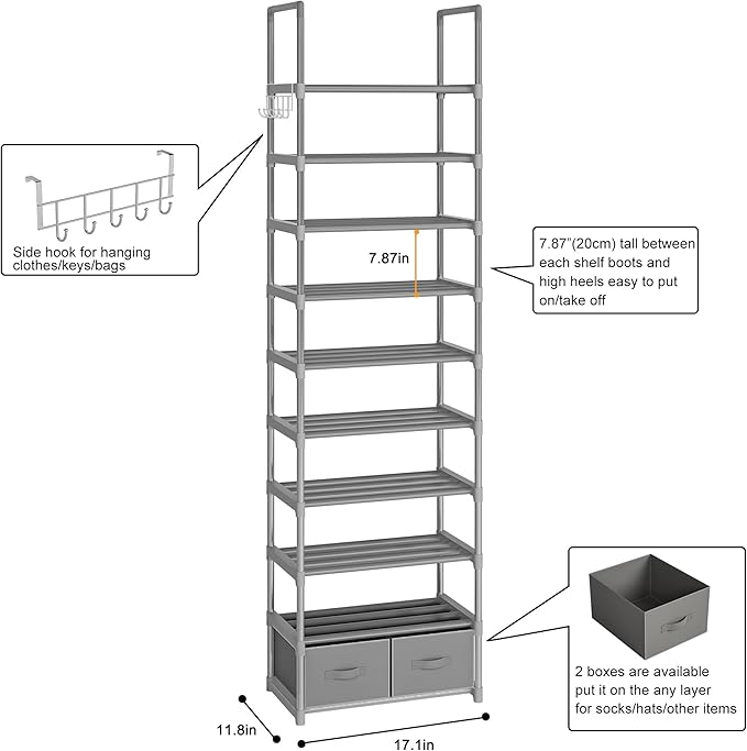 OYREL Shoe Rack, Sturdy Metal Shoes Rack Organizer,Narrow Shoe Rack,Shoe Racks for Closets,Shoes Rack,Shoe Stand,Shoe Shelf (10 Tier with 2 Boxes and 1 Hook)