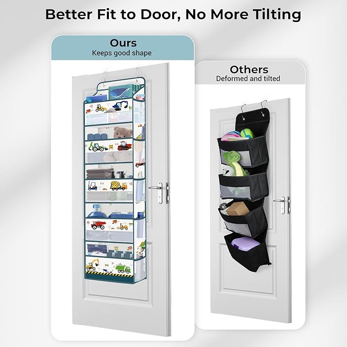Clastyle Car Over the Door Organizer Nursery Hanging Storage Organizer for Boys Clothes Diaper Toy Closet Door Hanging Shelf Storage for Bedroom Bathroom Pantry, Construction Vehicle, 5-Tier