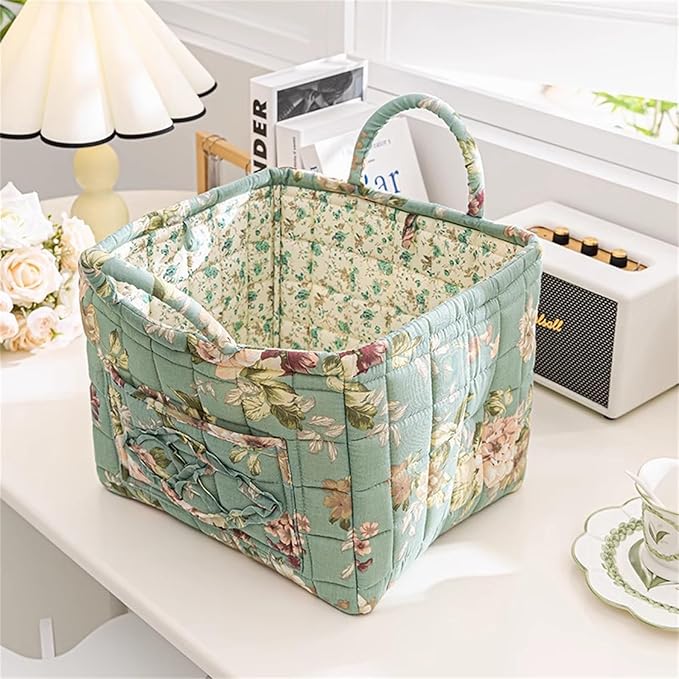 Fabric Baskets for Storage - Quilted Boho Floral Basket with Handles, Foldable Organizer for Home, Office, Clothes, Blankets, Books or Toys - 12'' x 10'' x 10''(Green)