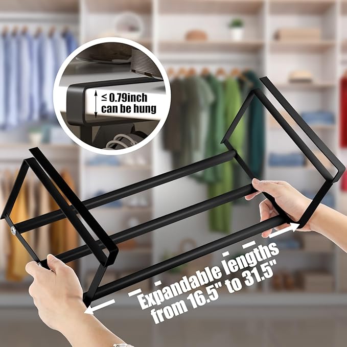 CroBlissful 2 Pcs Expandable Shoe Rack Organizer for Closet 16.5-31.5 Inch Adjustable Retractable Hanging Cabinet Shoe Shelf Dorm Room Storage for Space Saving (Black)