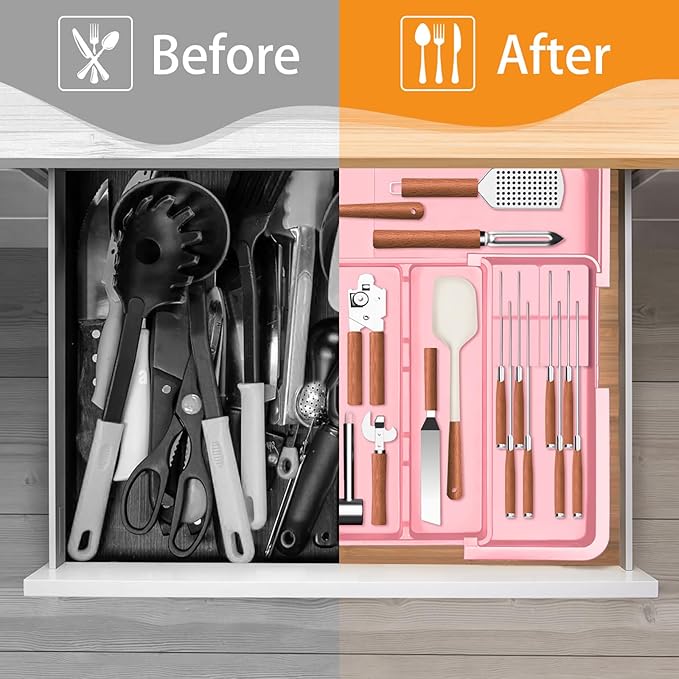 Utensil Drawer Organizer for Kitchen, Pink