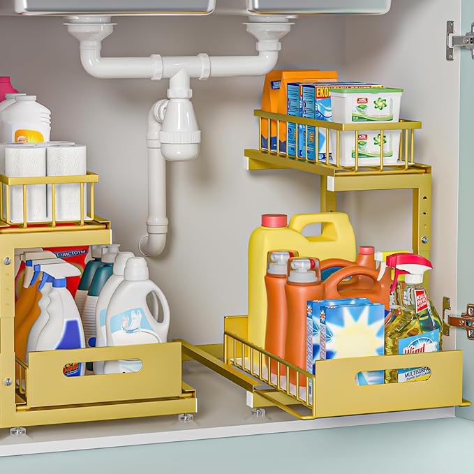 Saydear Under Sink Organizer, 2-Tier Premium Metal Pull-Out Racks with Adjustable Height, Heavy Duty Sliding Bin for Bathroom and Kitchen Cabinet Storage, Rust Resistant 2 Pack