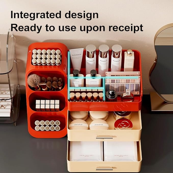 Makeup Organizer with Drawers, Red and Cream
