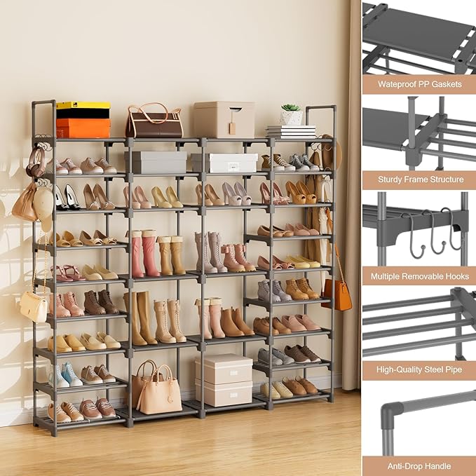ROJASOP Large Shoe Rack Organizer for Entryway Closet 64-68 Pairs 9-Tier Heavy Duty Tall Garage Shoe Rack Shoe Shelf Shoes Storage with 18 Pcs Removable Side Hooks for Bedroom and Garage Grey