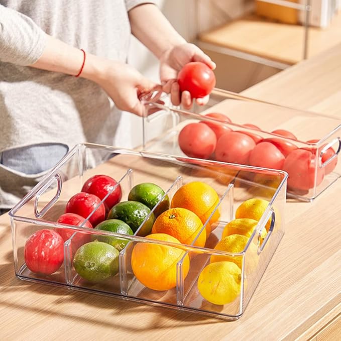 Set of 3 Stackable Refrigerator Organizer Bins Pull-Out Drawers for Fruit and Veggies Divided Storage Organizer for Fridge Clear Drawer Containers with Handle for Produce Saver, Eggs, Snack