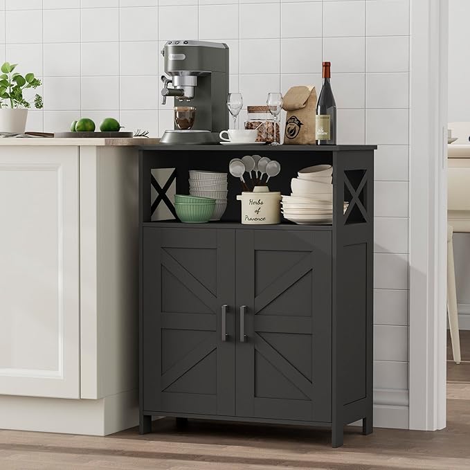 Homhedy Farmhouse Bathroom Storage Cabinet with 2 Doors, Toilet Paper Cabinet with Adjustable Shelf, Small Bathroom Cabinet for Kitchen/Laundry/Living Room, 11.8 x 23.6 x 31.5 Inches, Black