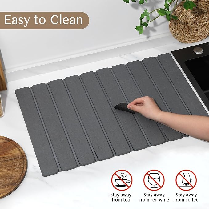Large Stone Dish Drying Mat for Kitchen Counter, Thin & Light Quick Dry Stone Dishes Mat, Foldable Water Absorbing Diatomite Drying Pad for Kitchen Bathroom Sink Countertop (Pure Gray 24"×16" & 8"x4")