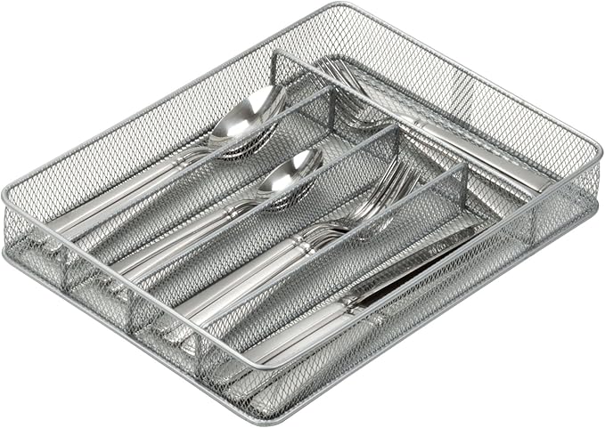 KCH-02154 Steel Mesh 5-Compartment Cutlery Utensil Organizer, Silver