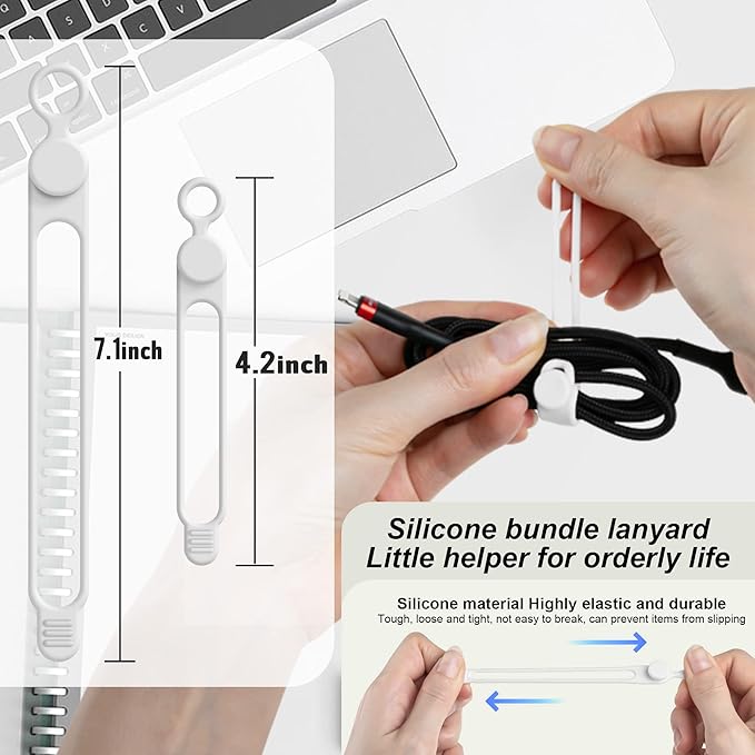 Silicone Cable Ties Cord Organizer for Cable Management, 16PCS 4.2" and 7.1" Reusable Cable Organizer Electronic Accessories for Home, Office, Kitchen, School, Travel (White)