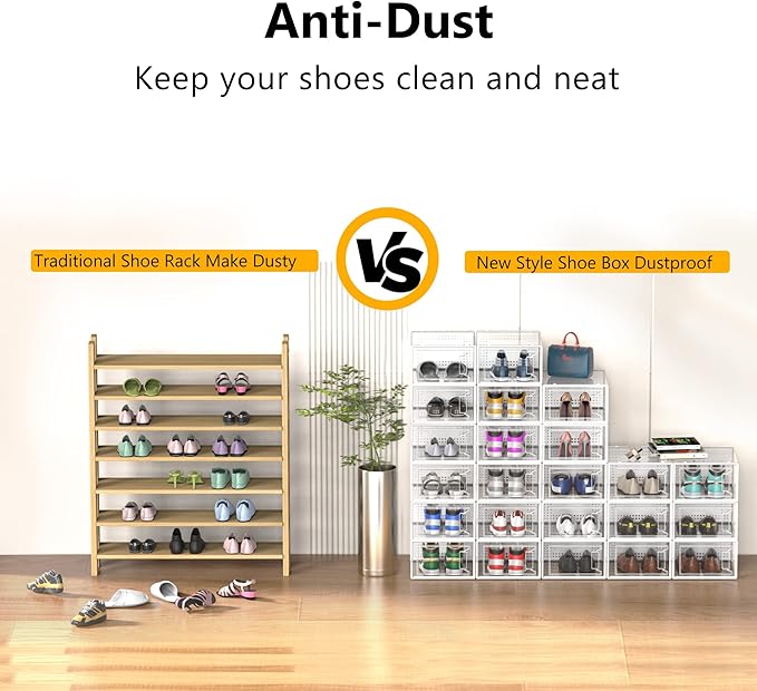 12 Pack X-Large Clear Shoe Storage Boxes, Stackable Modular Plastic Shoe Organizer Front-Opening Door, Fits up to US Size 9 to13, Ventilated Dust-Proof Sneaker Display Cases Closet and Entryway, White