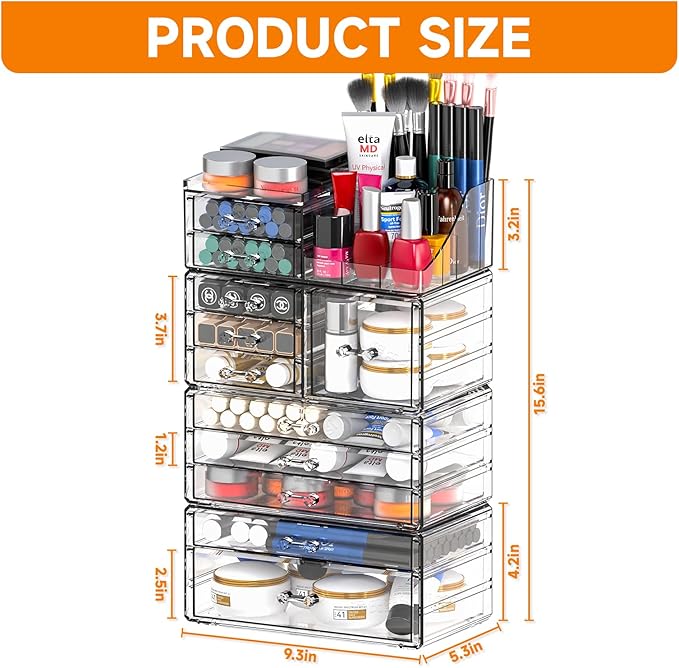 Acrylic Clear Makeup Organizer Countertop,Stackable Skincare Organizer for Vanity With 11 Drawer,Large Plastic Desk Accessories Organization,Bathroom Cosmetic Organizer Countertop for Beauty,Skin Care