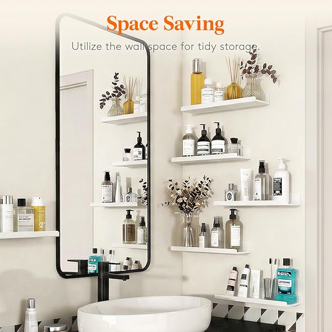 Lifewit Floating Shelves for Wall, Acrylic Display Shelf Wall Mounted for Figure, Car, Art, Book, 14" Perfume Organizer for Bathroom, Bedroom, Living Room, Nursery, Home Decor, White, 12 Pack