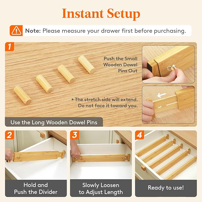 2.4" High 8 Pack Bamboo Drawer Dividers 45-55cm/17.5-22" Adjustable Wooden