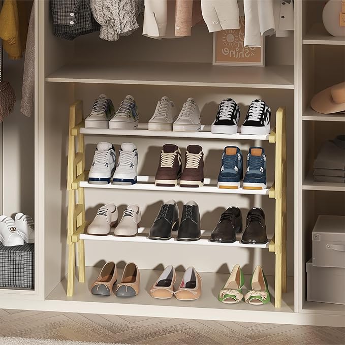 3-Tier Bamboo Shoe Rack Stackable, Shoe Organizer for Entryway and Closet, Modular Small Shoe Storage Shelf, Space-Saving Free Standing, Holds 12-16 Pairs of Shoes, Natural Color