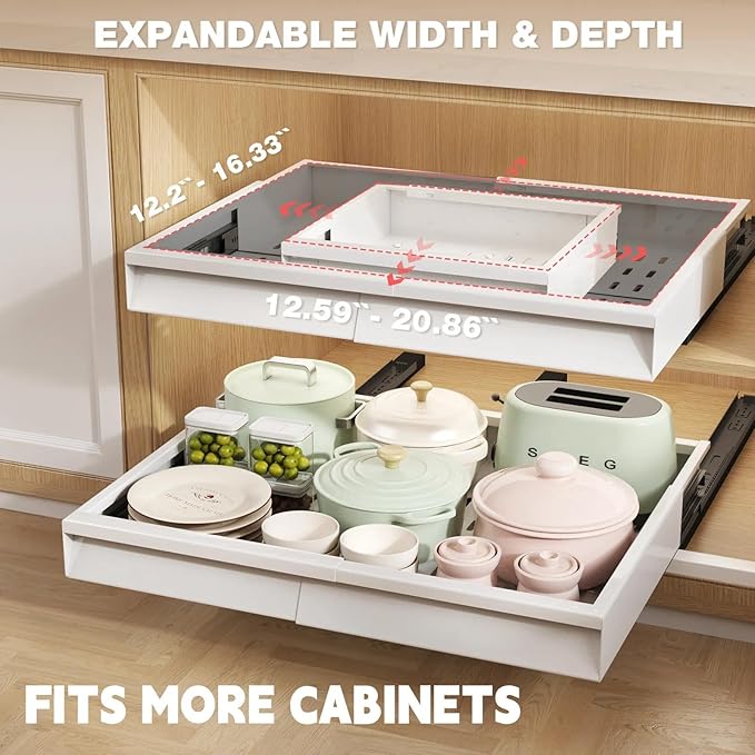Seinloes Pull Out Cabinet Organizer, 4-Side Expandable to Fit Most Cabinets, 3 Rail Slide Out Drawers with Raising Pad for Framed & Frameless Cabinets, 13"-21" W x 13"-17" D, White, 2 Pack