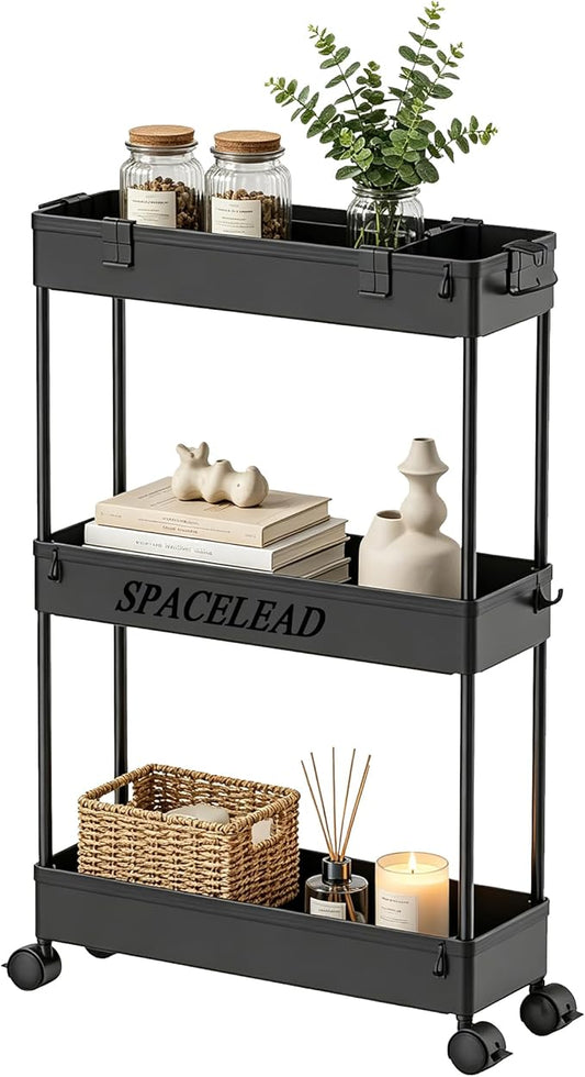 Slim Storage Cart 3 Tier, Bathroom Organizer Rolling Utility, Black