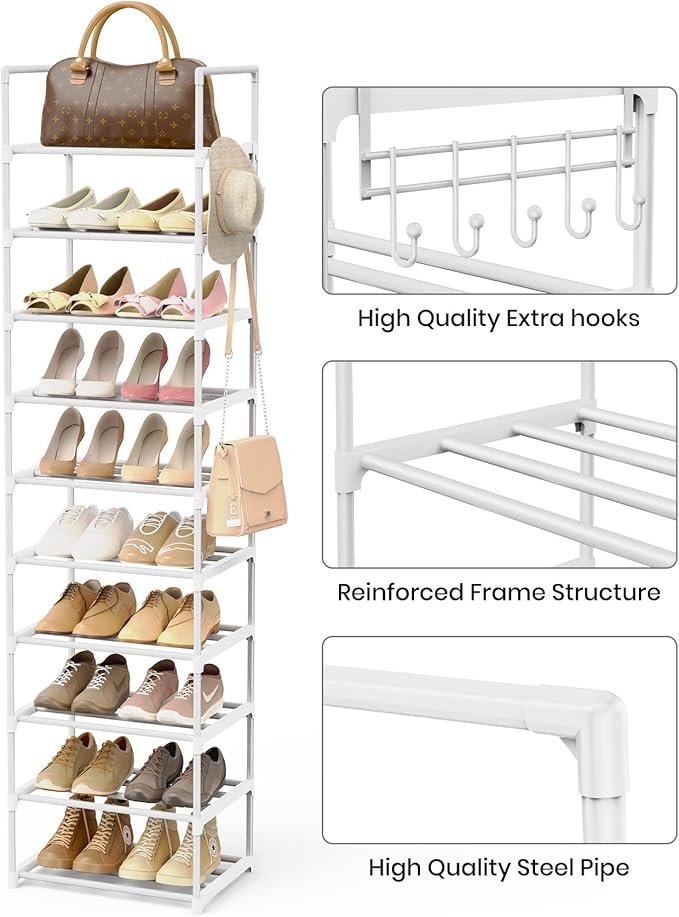 Metal Shoe Rack Organizer 10 Tiers, 20-24 Pairs Narrow Tall Shoe Racks for Closets Entryway - Vertical Boots Organizer Storage - Sturdy Shoe Shelf Cabinet White