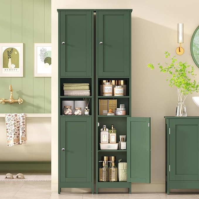 67" Tall Bathroom Cabinet with Adjustable Shelves and Doors, Green