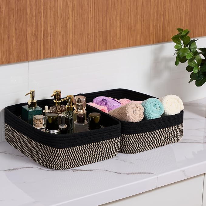 MiniArk Large Shallow Organizing Baskets 15x11x5.1 Inches - Rope Woven Storage Bins for Bathroom, Shelves, Cube Closet, Black Woven Brown 2 Packs