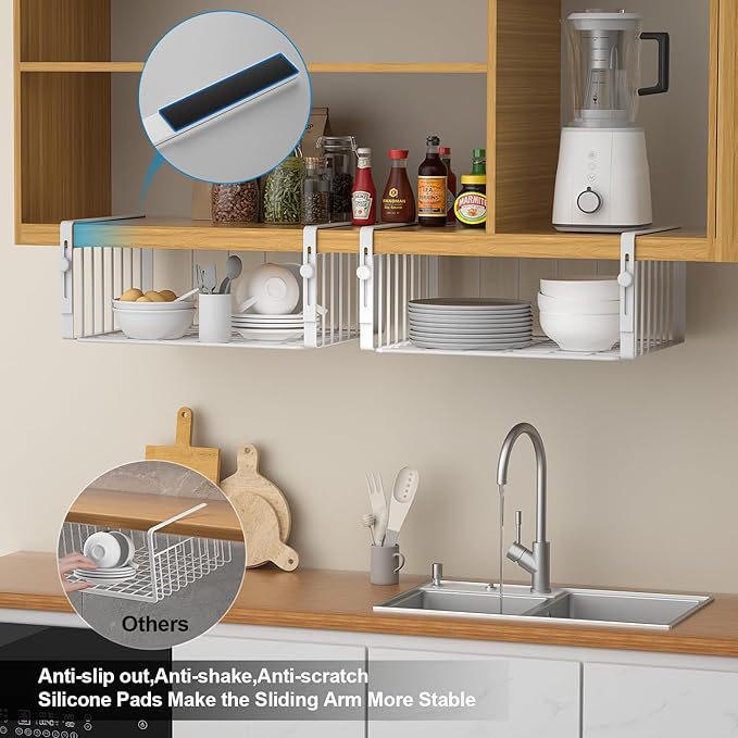 AmonHouseware 2Pack Under Shelf Basket Organizer,Adjustable Hanging Holder Storage for Cabinet Pantry Kitchen Cupboard Desk Counter Bookshelf Organization Add-on Space Saver Heavy Duty Slide-in,White