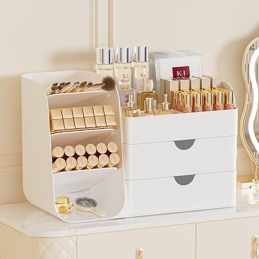 Makeup Organizer with Drawers, All White