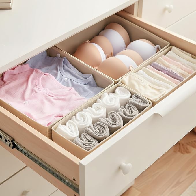 Drawer Organizer Set 4 Pack - Foldable Fabric Storage Bins with Zipper Bottom for Underwear Socks Bras Baby Clothes - Closet Dresser Organizers Dividers for Bedroom Nursery, Beige