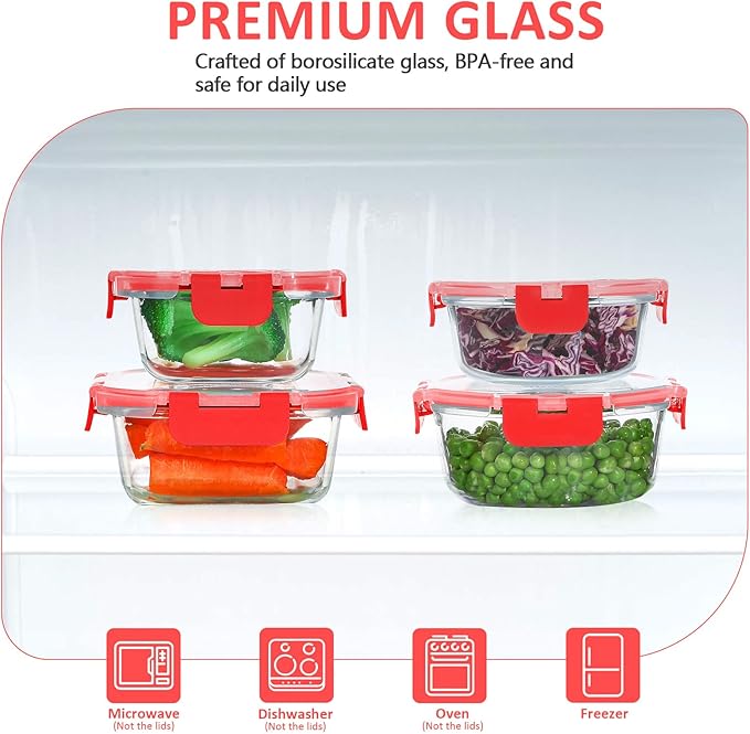 KOMUEE 24 Pieces Glass Food Storage Containers Set, Meal Prep Containers, BPA-Free Airtight Glass Storage Containers with lids, Freezer, Microwave and Oven Safe, Red