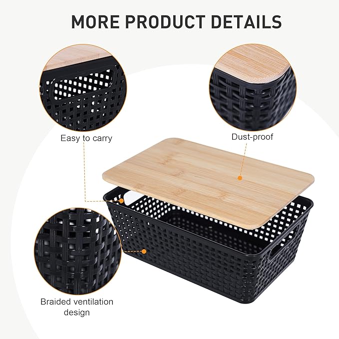Storage Bins with Lids 8 Packs, Plastic Storage Bins with Bamboo Lids for Pantry Organization and Storage Containers for Shelves Drawers Desktop Closet Playroom Classroom Office Home, Black