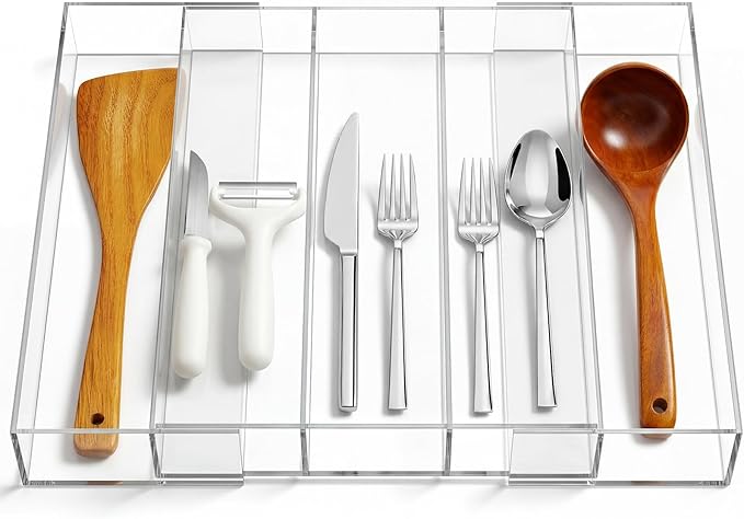 Teenyyou 1 Pack Expandable Kitchen Drawer Organizer Clear Acrylic Utensil Organizer Adjustable Acrylic Silverware Storage for Drawers Silverware Flatware Knives (12 x 16 Inches,3-5 Compartments)