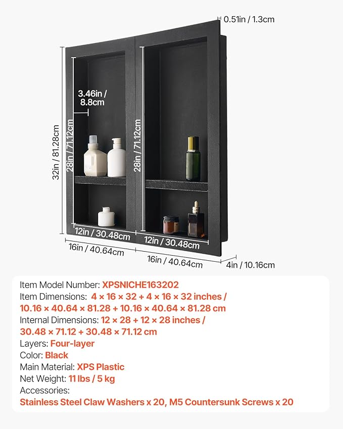 Shower Niche, 16 x 32 inch + 16 x 32 inch Recessed Wall Niche with Movable Shelf