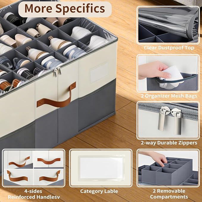 【Upgraded Larger Capacity】Shoe Organizer for Closet Fits 12-24 Pairs with Adjustable Dividers, Large Foldable Shoe Storage Box Bin with Clear Lid & 4 Handles, Plus 2 Mesh Pockets and Category Label