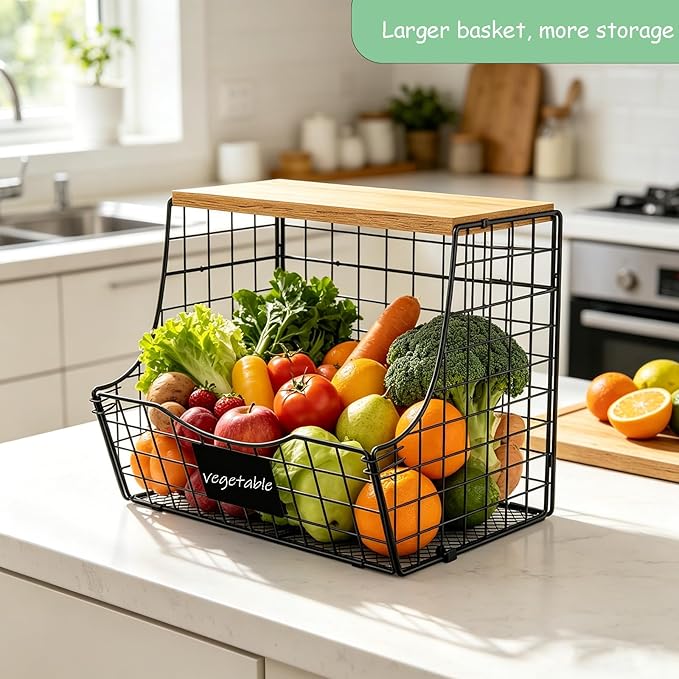 3 Pack wire Fruit Basket for Kitchen with Wood Lid - Counter&Wall Mounted Onion and Potato Storage with Nameplate, Hanging Baskets for Vegetable,11.81 * 10.63 * 8.66 Inch