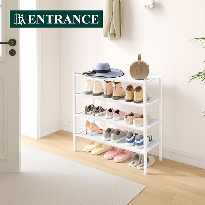 Smiry Bamboo Shoe Rack, 4 Tier Shoe Organizer for Entryway & Closet, Stackable Free Standing Storage Shelf for Shoes, Bags & Plants, White