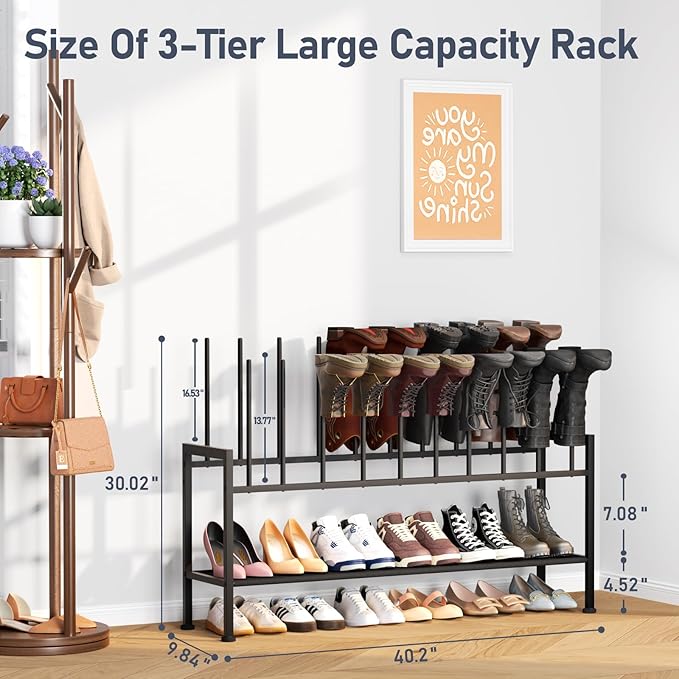 DIMJ Boot Rack 3-Tier - Black Metal Boot Storage Rack for Tall Boots Organizer, Multiuse Shoe Rack for Boots, Sneakers, High-Heel, Entryway, Fit for 10 Pairs, Black