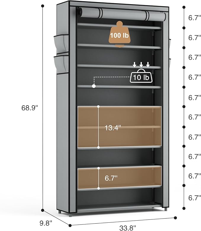 ROJASOP Shoe Rack with Covers, Stackable 10 Tier Tall Shoe Shelf Storage 50-55 Pairs Shoes and Boots Large Capacity Vertical Shoe Rack Organizer for Closet Entryway Garage Bedroom, Grey