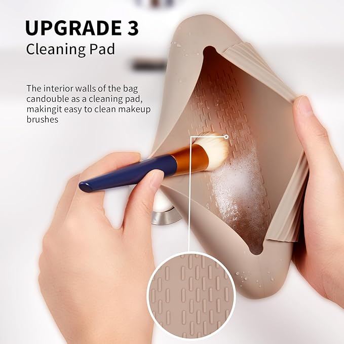 AGIKET 2 IN 1 Silicone Makeup Brush Holder with Beauty Make Up Sponge Holder Case：Soft Portable Cosmetic Face Brushes Holder with Upgrade Anti-Fall Out Magnetic Closure - Walnut