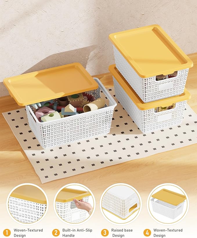 EOENVIVS Storage Bins Bakets with Lids 6 Pack, Stackable Organizer Bins for Small Spaces, Pantry, Closet & Bathroom, Secure Snap Lids, 11x7x5 Plastic Storage Containers for Shelf Organization, White