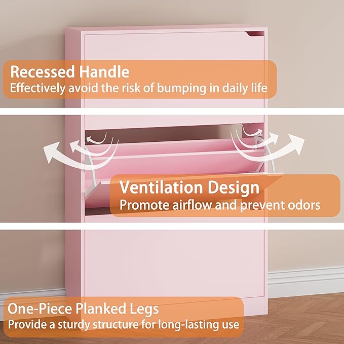 Shoe Storage Cabinet, Wood Shoe Organizer for Entryway with 3 Flip Drawers, Freestanding Shoe Rack with Adjustable Shelf, Narrow Shoe Dresser for Front Door Entrance(Pink, 47.2" x 31.5" x 9.25")