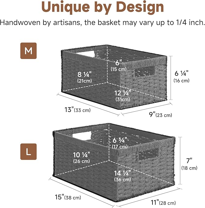 StorageWorks Wicker Storage Baskets for Organizing, Wicker Basket with Handles, Decorative Storage Baskets for Shelves, Black Paper Rope, 2 Pack