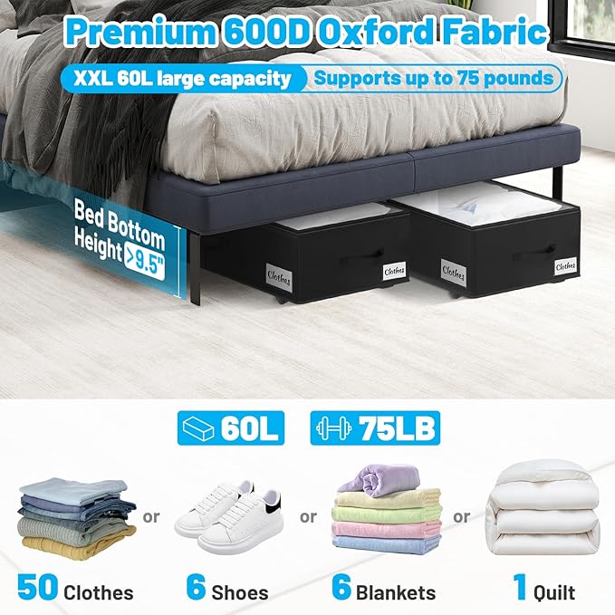 Under Bed Storage with Wheels, 2-Pack 10" Height XXL 75L Rolling Storage Bins, Quick Assembly Underbed Shoe Storage Containers with Clear Lid & Label, Dorm Under Bed Drawers for Clothes, Shoes, Grey
