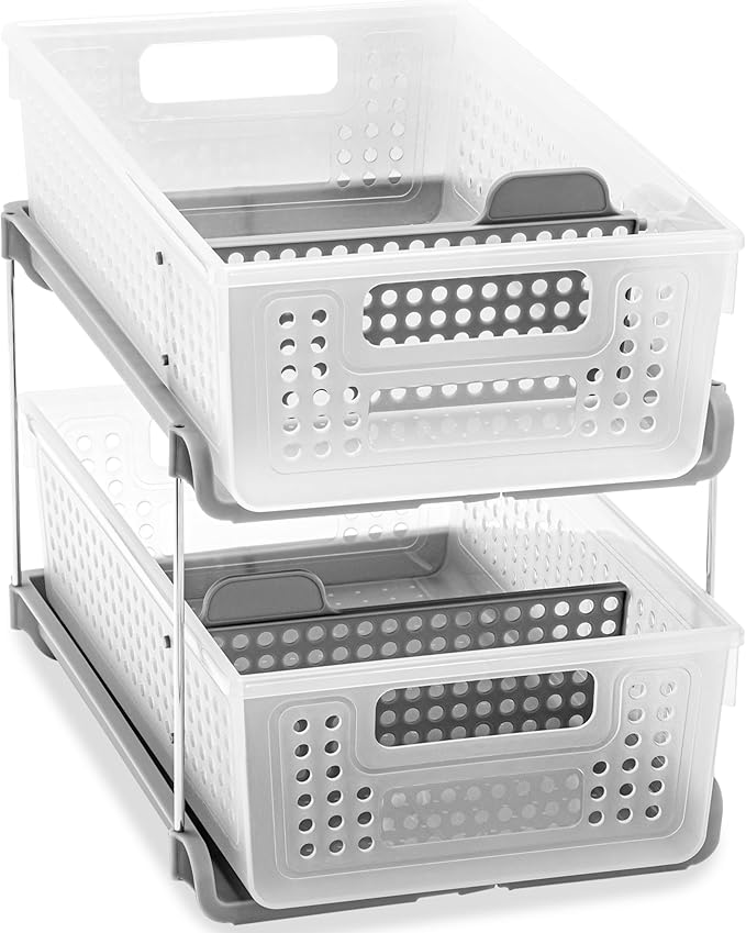 madesmart Premium 2 Tier Organizer, Under Cabinet Storage with Pull Out Sliding Drawers, for Cleaning Supplies, Undersink, Sponges, Bottles & Bath, Adjustable Dividers & Pull Out Baskets, Frost
