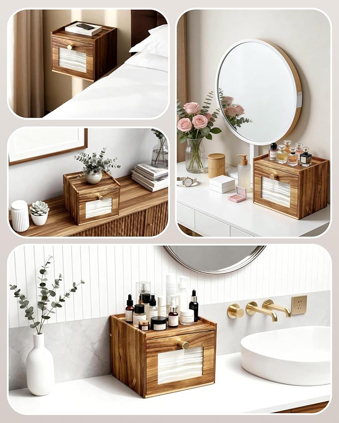 Disposable Face Towel Holder, Acacia Wood Storage Drawer Compatible with XL Disposable Face Towels, Facial Towel Storage Box for Bathroom Countertop Vanity Organizer & Wall Mount