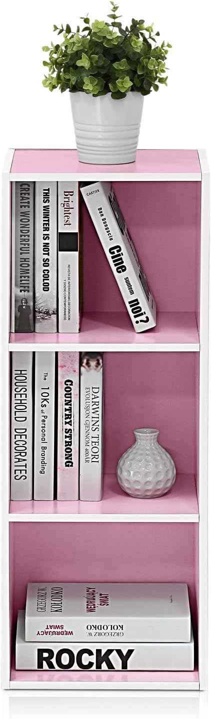 Furinno LUDER Book Shelf, 3-Cube Bookshelf, White/Pink
