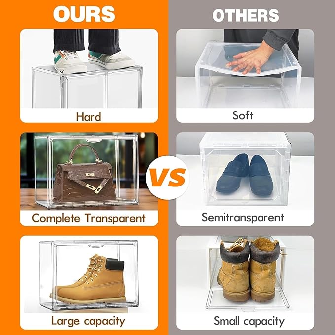 5 Pack Clear Shoe Boxes Stackable, 10.6'' High Sneaker Storage Boxes for High Top Shoes, Magnetic Side Door Shoe Organizer Clear Plastic Shoe Containers for Closet Display