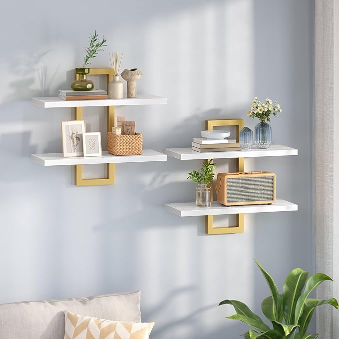 Floating Shelves, 15 Inch Wall Shelf Set of 2, White and Gold DW32BJ01