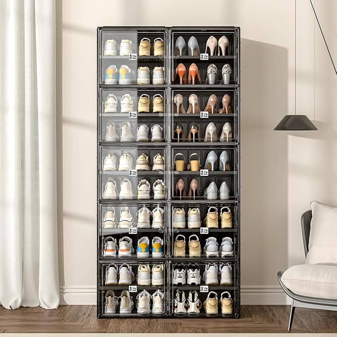 Vipbox Shoe Rack Organizer Cabinet for Closet Entryway,Clear Shoe Storage Boxes Stackable Sneaker Storage with Door Easy Assembly Black Shoe Cabinet with Lids Large 10 Tiers 40 Pairs