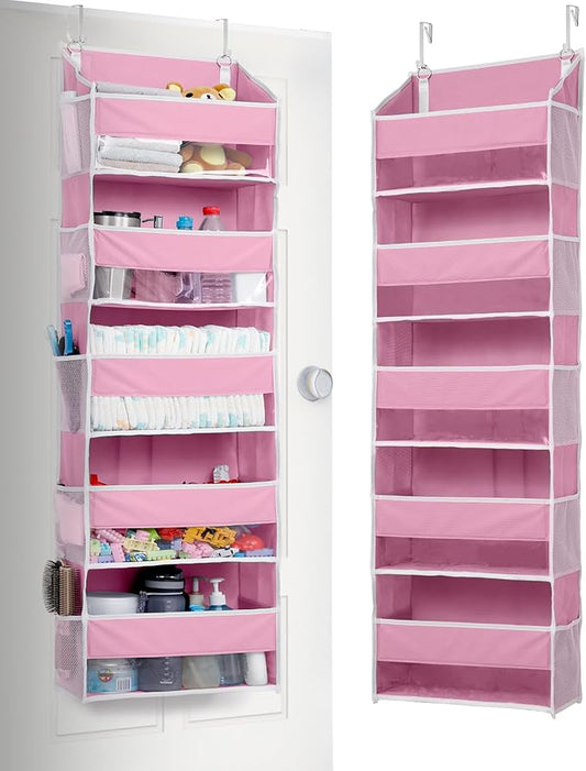 1 Pack Over Door Organizer with 5 Large Pockets 10 Mesh Side Pockets, Pink