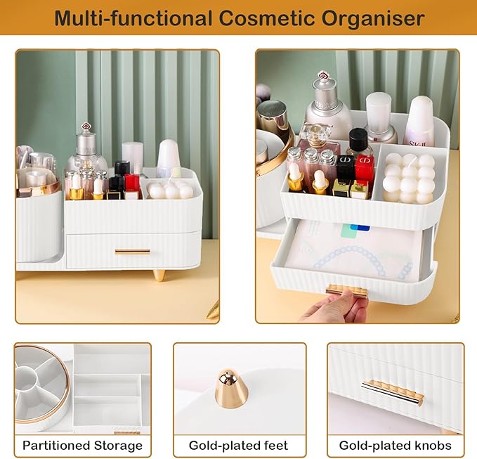 Rotating Makeup Organizer for Vanity with Brush Holder and Drawer, White